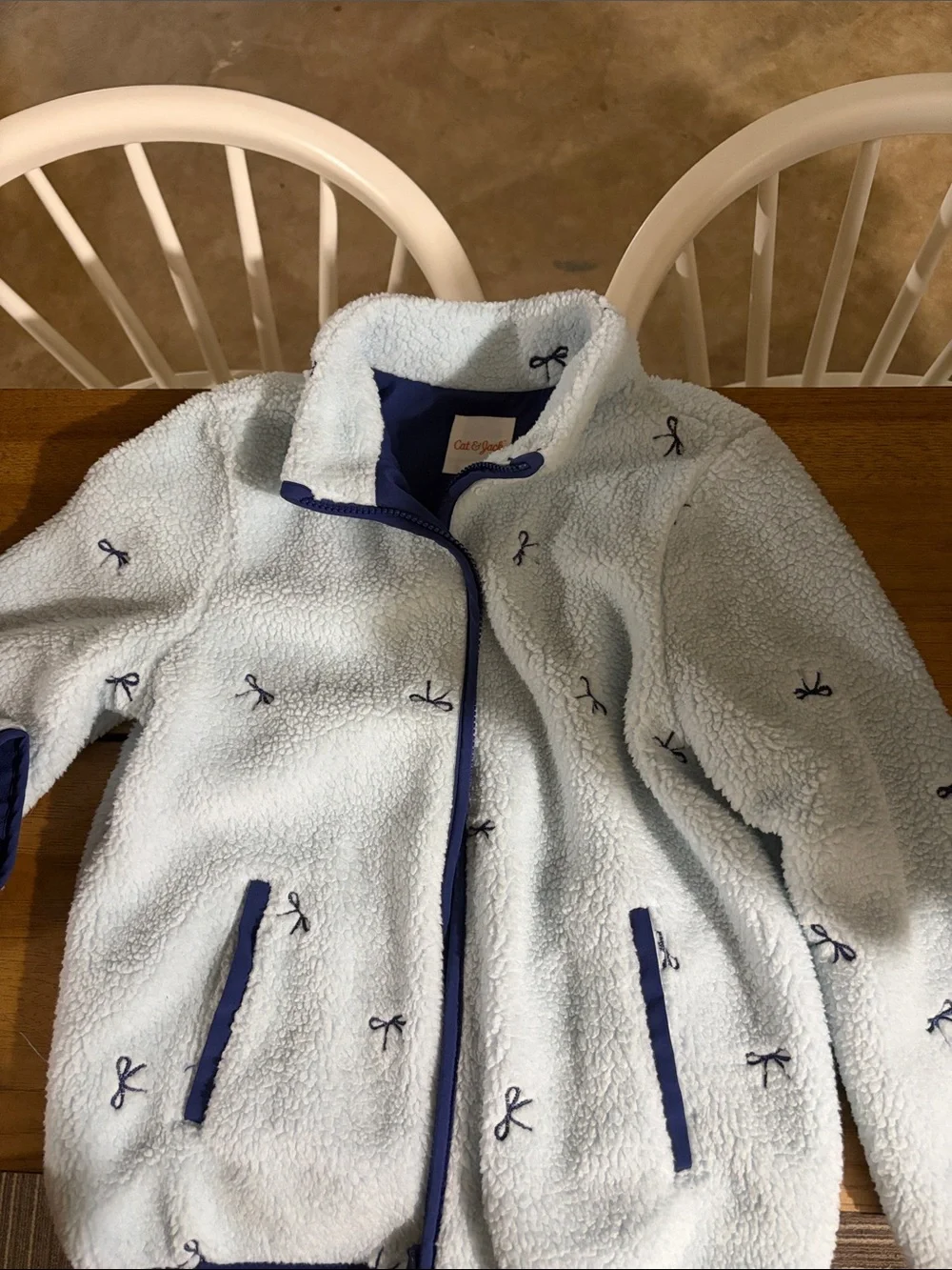 Cat & Jack Light Blue Sherpa Jacket with Navy Trim and Bow Embroidery - Kids